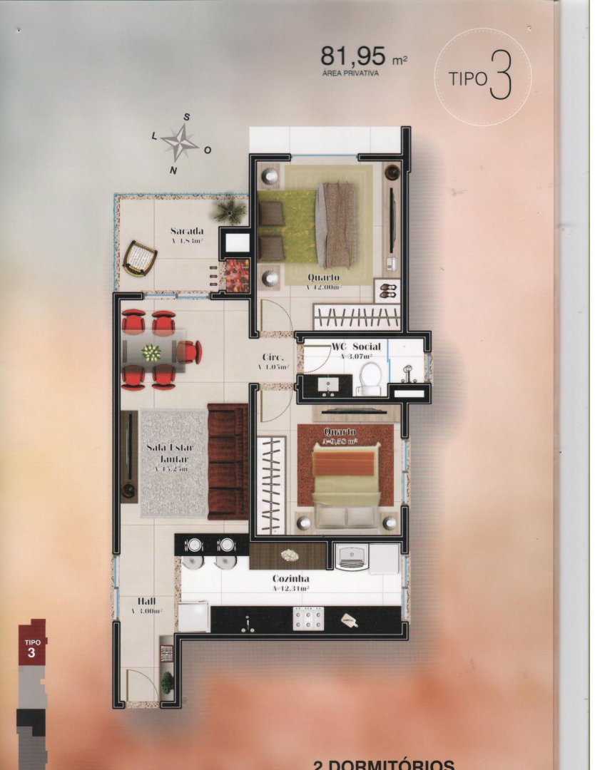 Tipo 03: 2 dormitórios, 1 banh. social, 81.94m² área privativa
