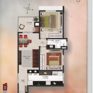 Tipo 03: 2 dormitórios, 1 banh. social, 81.94m² área privativa