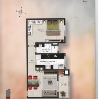 Tipo 02: 1 dormitórios, 1 banh. social, 66.11m² área privativa